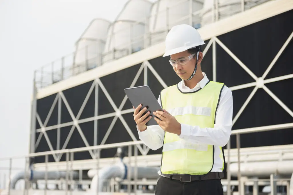Hospital plant room with building management system controls representing building analytics for hospitals