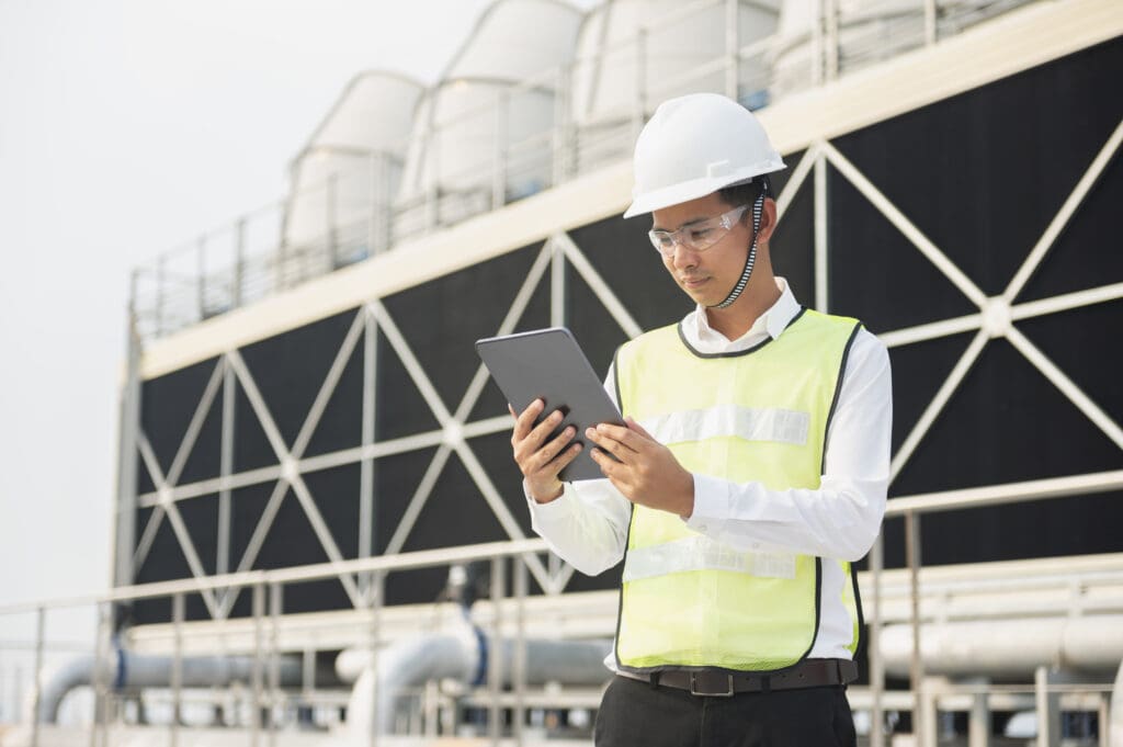 Hospital plant room with building management system controls representing building analytics for hospitals